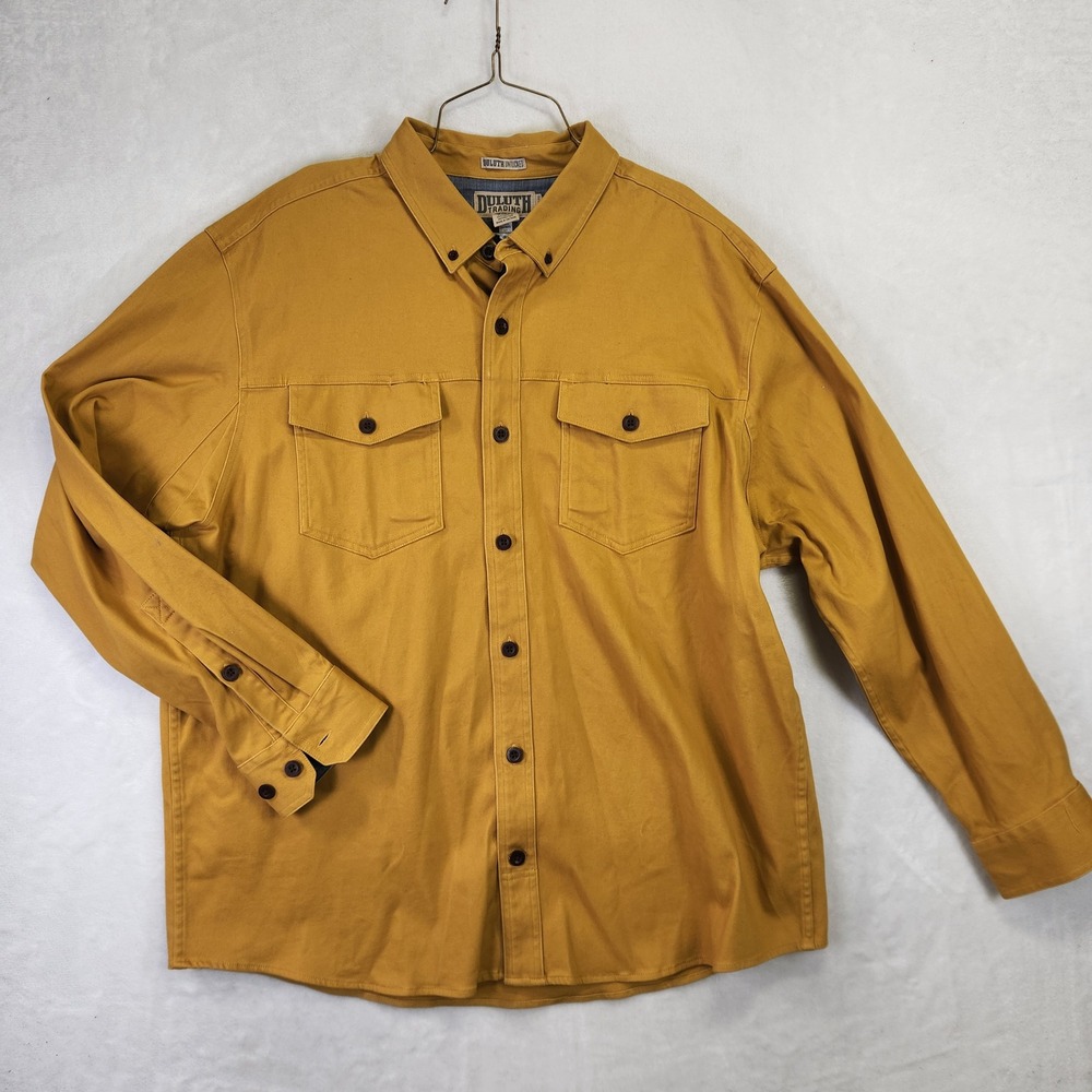 Duluth Trading Co Untucked Mens XL Relaxed Fit Button Down Shirt Ochre Yellow
